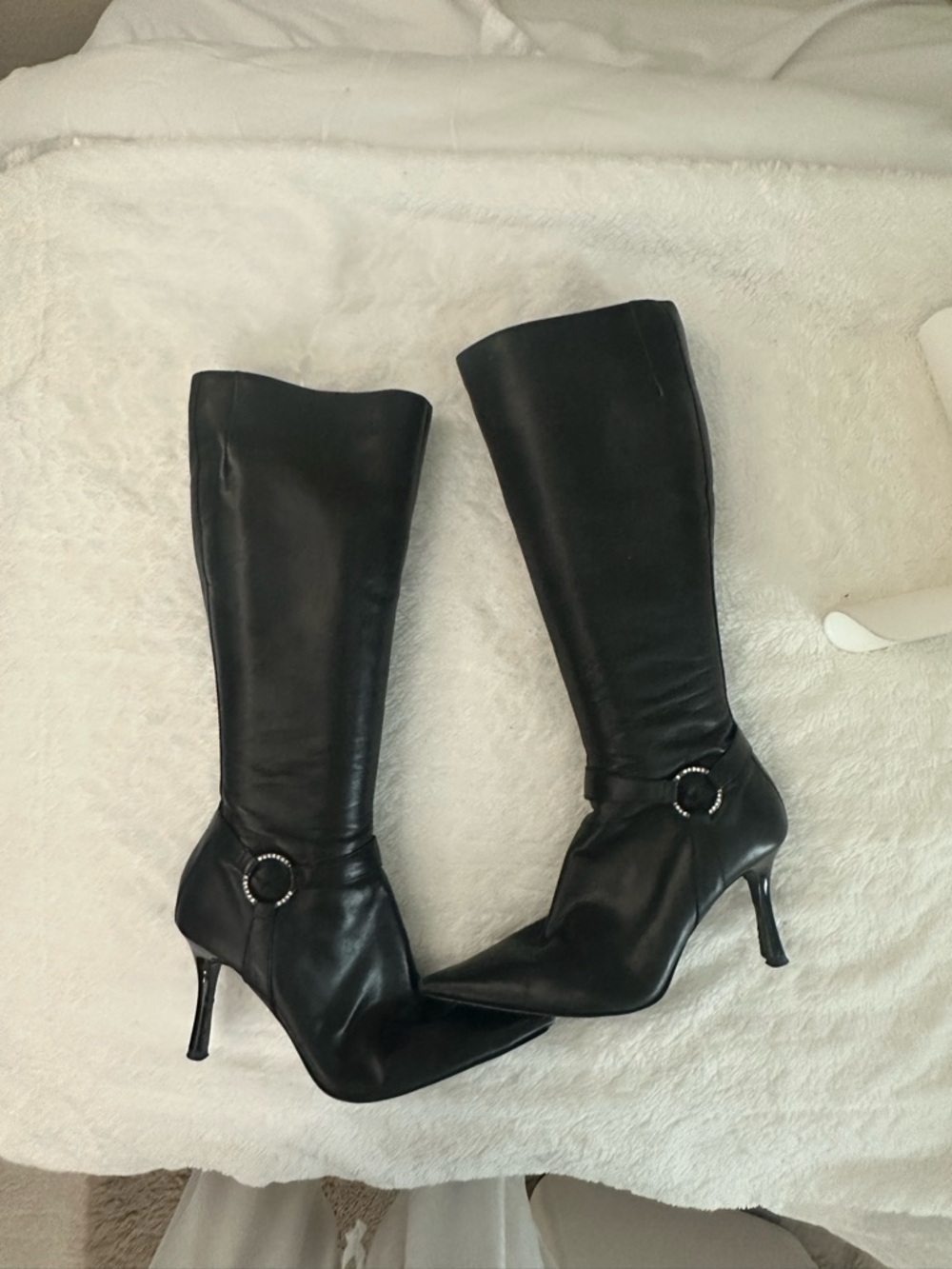 Classic Black Leather Knee-High Heeled Boots